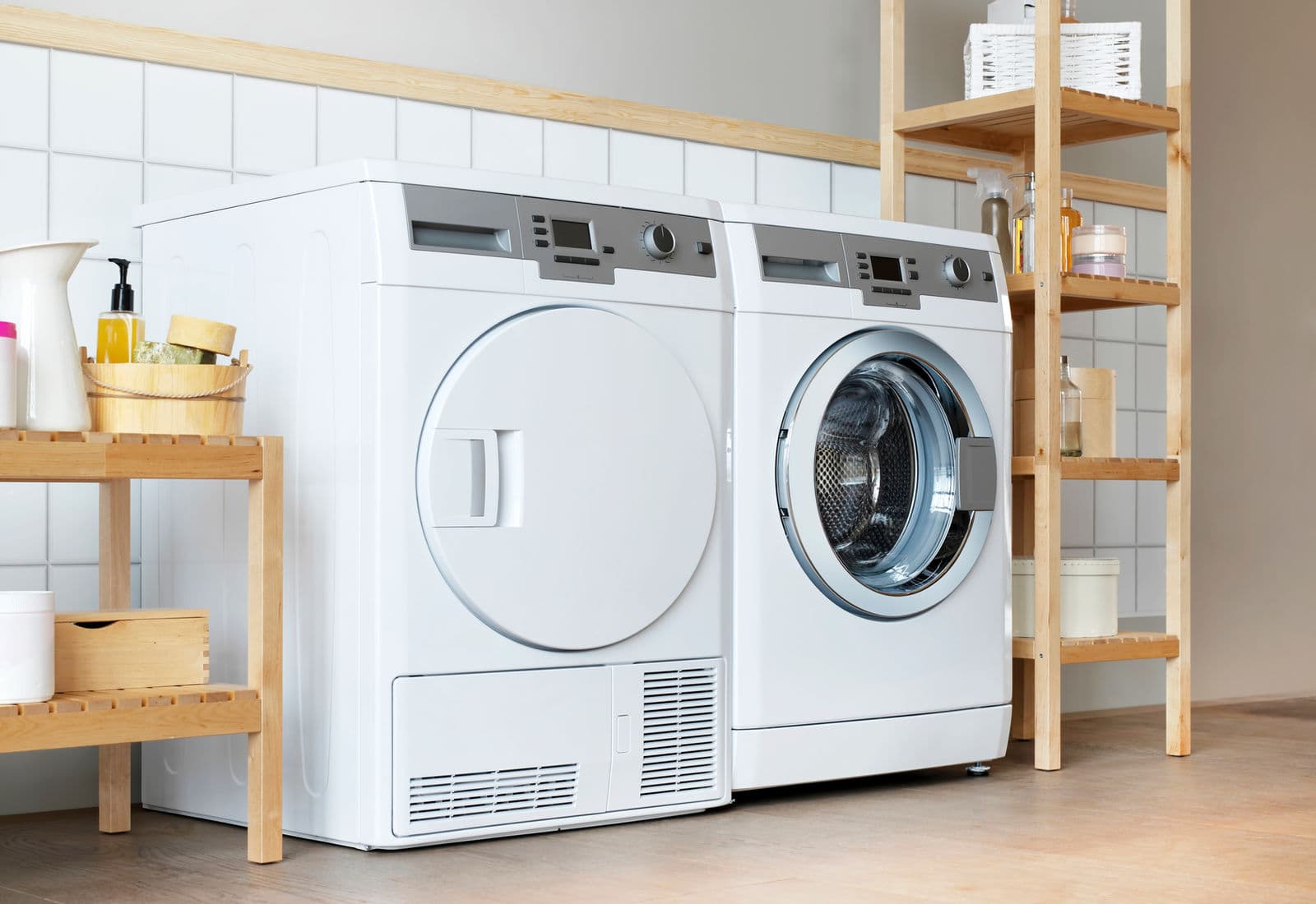 Washer and dryer installed in a bright laundry room