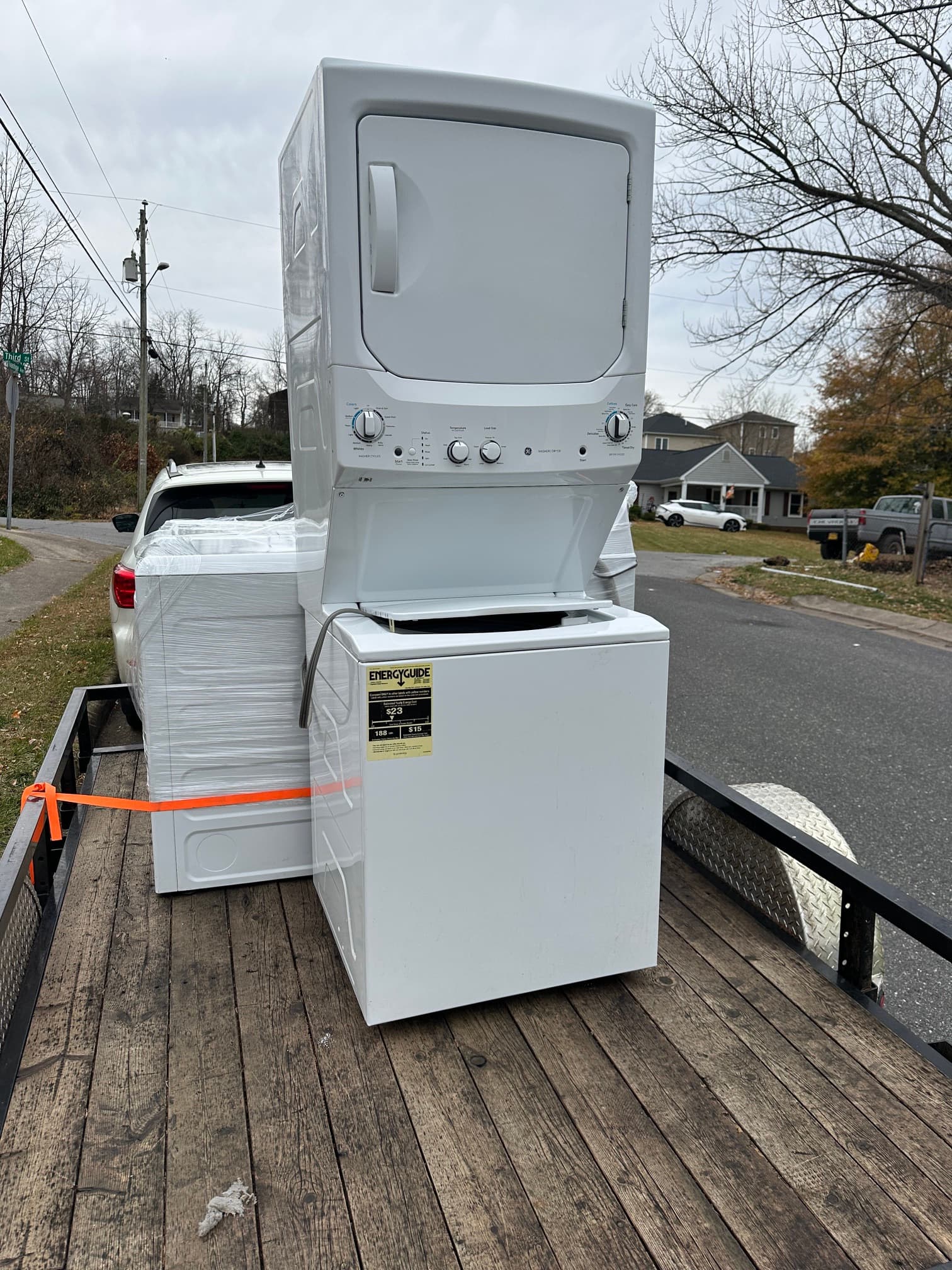 Stacked washer and dryer unit on the delivery trailer